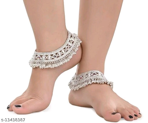 Aanya Centric 1 Pair Bridal Heavy Silver Plated White Metal Indian Traditional Ethnic Anklets चांदी का पायल Payal  - Image 2