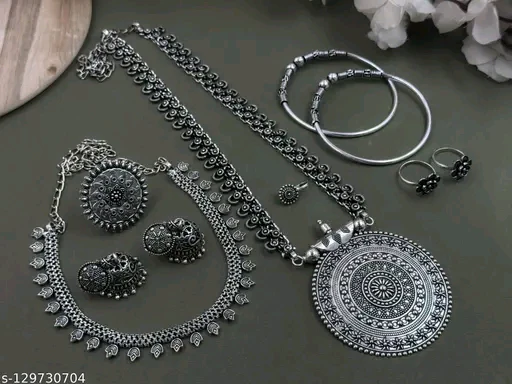Allure Graceful Oxidised Silver Jewellery Set – Elegant Haram & Earrings