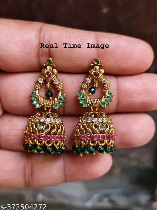 Attractive Avirah Pearls Designer CZ Jhumkhas with Green Crystal Beats for Women's & Girls - Image 3