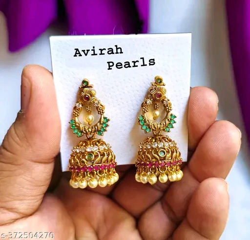 Attractive Trendy Avirah Pearls Designer CZ Jhumkhas with Pearls Beats for Women's & Girls - Image 3