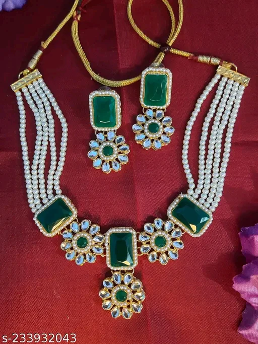 Elegant Kundan Beads Choker Necklace Set for Women | Gold-Plated Alloy Jewelry with Matching Earrings" - Image 2