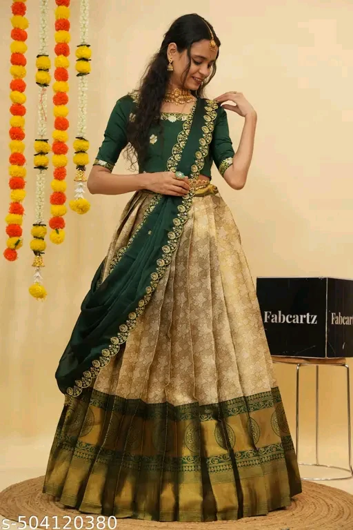 Beautiful Semi-Stitched Half Saree for Women with Woven Design & Rangoli Embroidery Dupatta# - Image 3