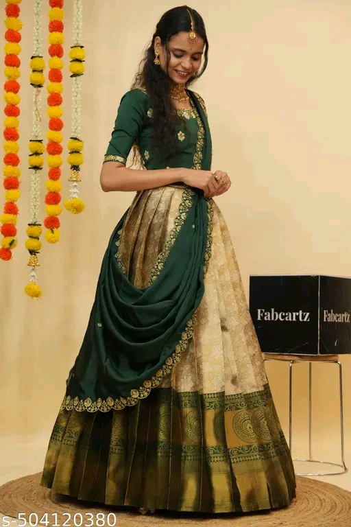 Beautiful Semi-Stitched Half Saree for Women with Woven Design & Rangoli Embroidery Dupatta# - Image 4