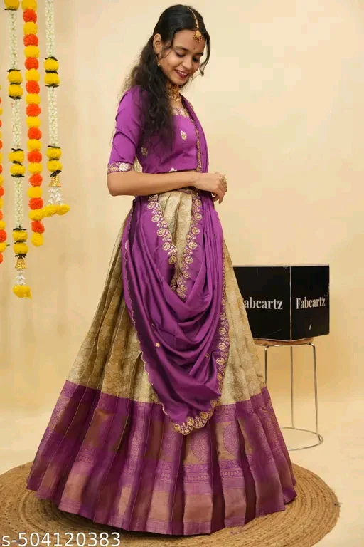 Beautiful Semi-Stitch Half Saree for Women with Woven Design & Rangoli Embroidery Dupatta | Party & Wedding Wear# - Image 3