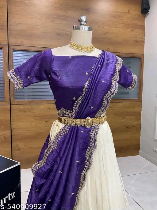 Beautiful Semi-Stitch Half Saree for Women | Pure Viscose Shimmer Fabric with Embroidery Work & Gold Crushed Blouse + Dupatta# - Image 3