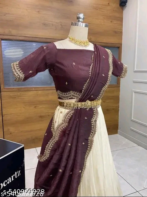 Beautiful SemiStitch Half Saree with Pure Viscose Shimmer & Embroidery work Gold Curshed Blouse with Dupatta# - Image 3