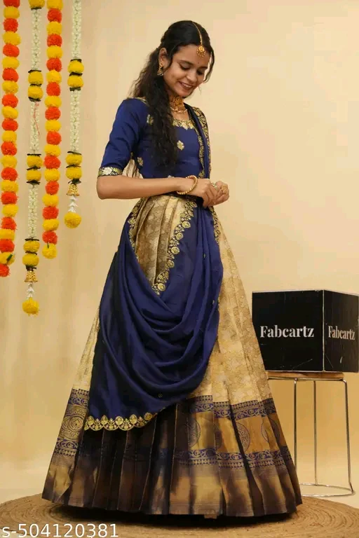 Beautiful Semistitch Half Saree with Woven Design & Rangoli Embroidery Dupatta For Women# - Image 3