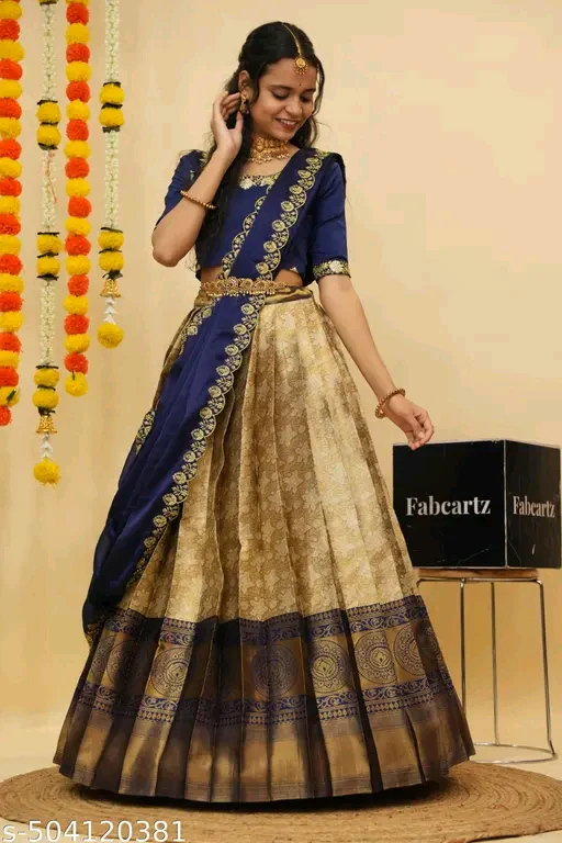 Beautiful Semistitch Half Saree with Woven Design & Rangoli Embroidery Dupatta For Women# - Image 4