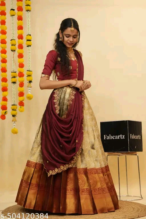 Beautiful Semistitch Half Saree for Women with Woven Design & Rangoli Embroidery Dupatta# - Image 3