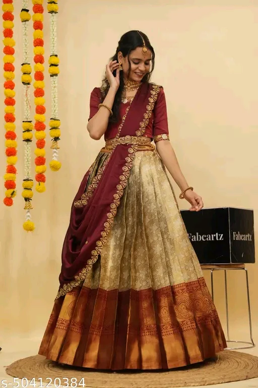 Beautiful Semistitch Half Saree for Women with Woven Design & Rangoli Embroidery Dupatta# - Image 4