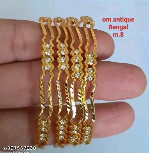 Elegant Gold-Plated Traditional Bangle Set for Women &amp; Girls - 4 Pcs with Cubic Zirconia Stones - Image 2
