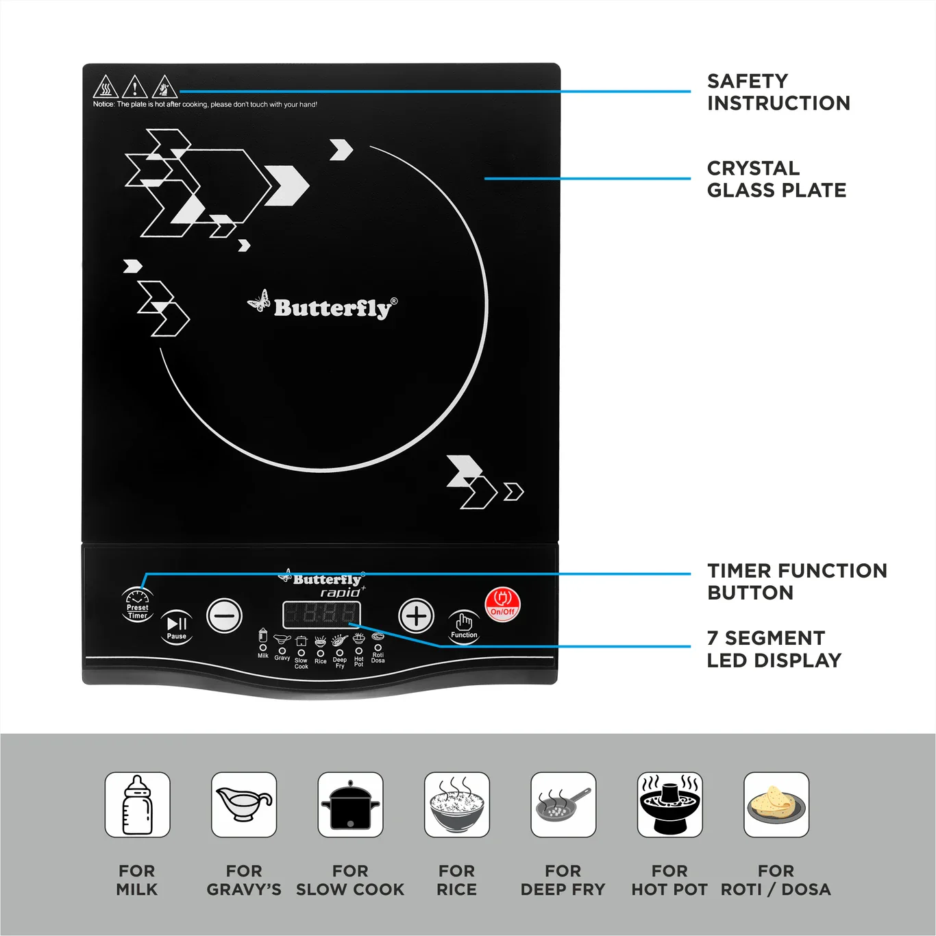 Butterfly Rapid Plus Power Hob 1700W Induction Cooktop with Push Button Controls # - Image 4