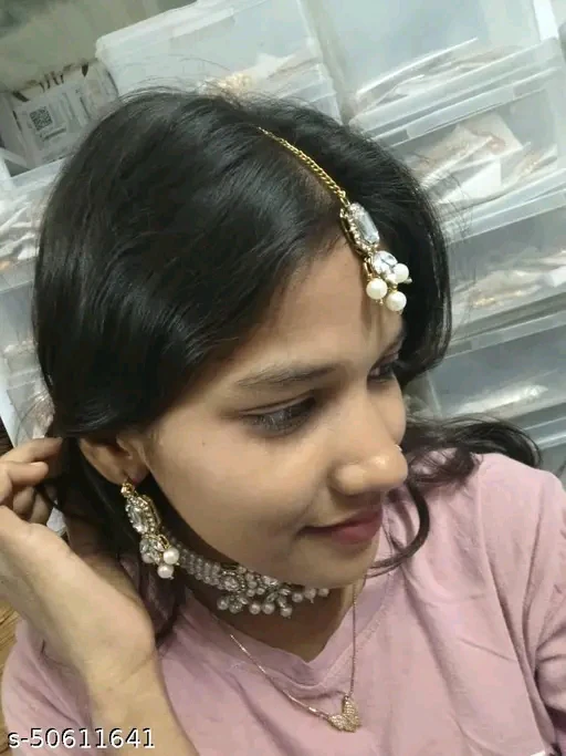 Elegant Gold-Plated Choker Set with Earrings & Maangtika - Adjustable, Skin-Friendly Design - Image 3