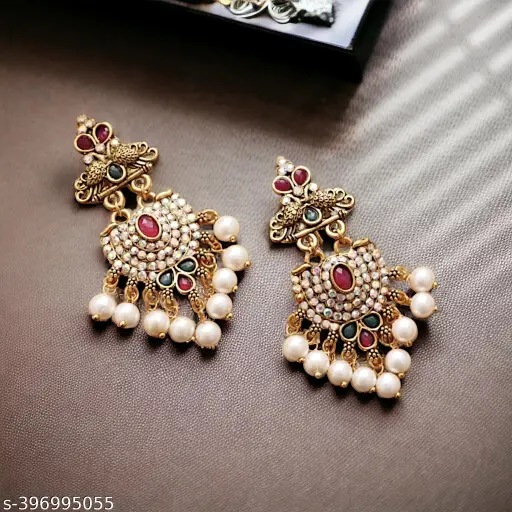 Classic Gold Plated Chandelier Earrings & Studs with Pearl Stones - Image 2