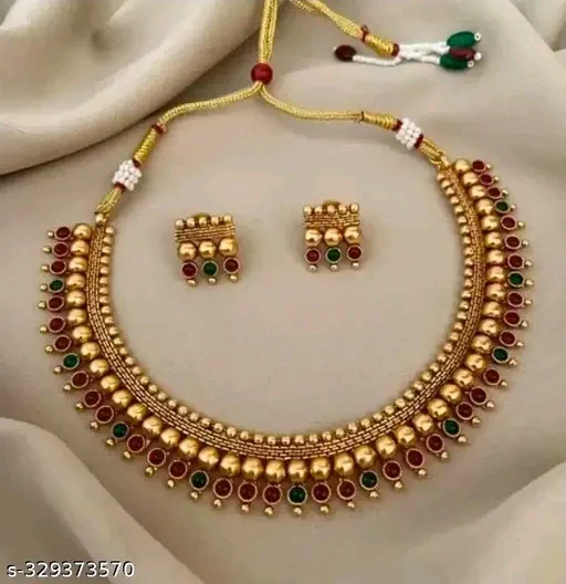 Diva Fancy Gold-Plated Jewellery Set with Ruby Stones – Adjustable Necklace &amp; Earrings - Image 2