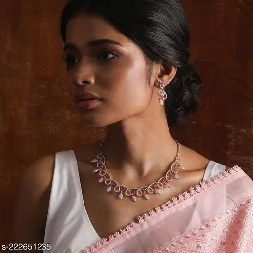Elite Bejeweled Women Jewellery Set - Adjustable Silver-Plated Necklace &amp; Earrings with Cubic Zirconia - Image 2