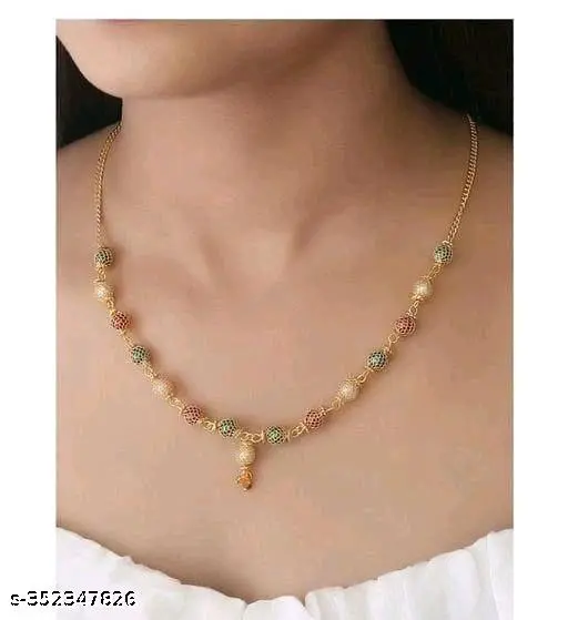Elite Bejeweled Women’s Necklace &amp; Chain Set – Gold Plated with Artificial Beads - Image 3