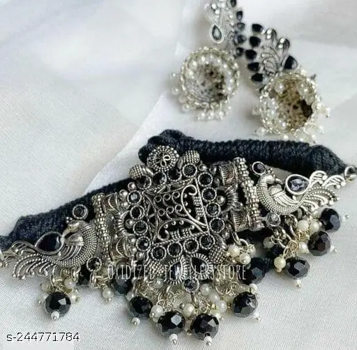 "Elite Oxidised Silver Choker Set – Stunning Pearl-Embellished Necklace & Earrings" - Image 3