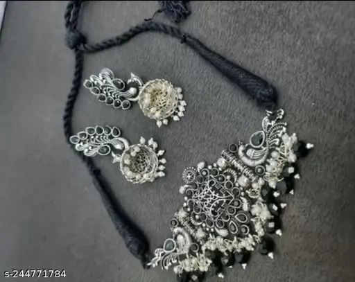 "Elite Oxidised Silver Choker Set – Stunning Pearl-Embellished Necklace & Earrings" - Image 4