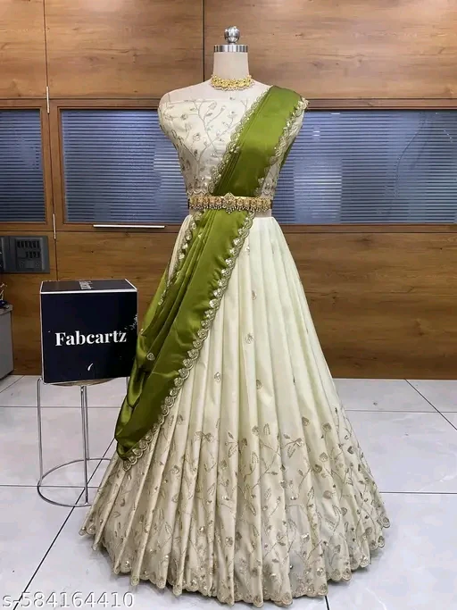 Trending Embroidered Shimmer Half Saree Lehenga with Blouse & Dupatta for Women #