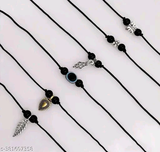 Evil Eye Najariya Black Thread Styled Anklets (Pack of 6) – Adjustable Silver-Plated Alloy with Artificial Beads
