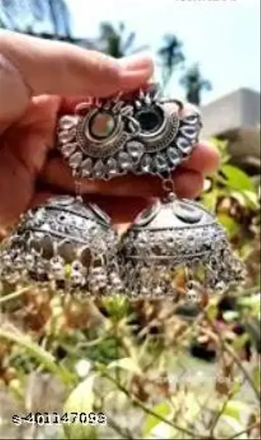 Oxidised Silver Jhumkhas with Artificial Stones - Fancy Earrings &amp; Studs - Image 2