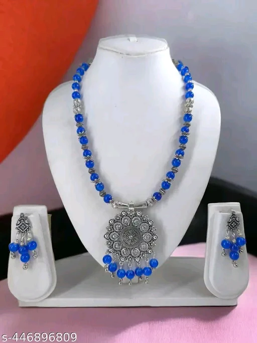Handmade Blue Beads Oxidised Silver Pendant & Earrings Set – Indian Ethnic Jewelry for Women