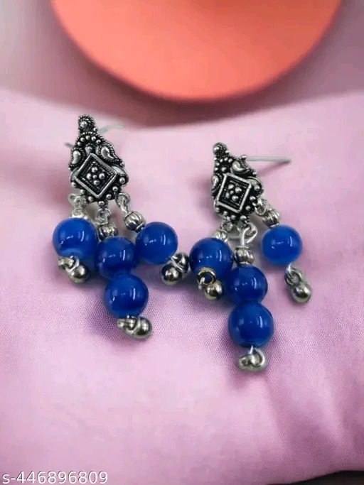 Handmade Blue Beads Oxidised Silver Pendant & Earrings Set – Indian Ethnic Jewelry for Women - Image 2
