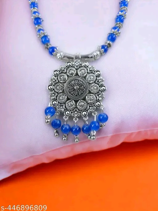 Handmade Blue Beads Oxidised Silver Pendant & Earrings Set – Indian Ethnic Jewelry for Women - Image 3