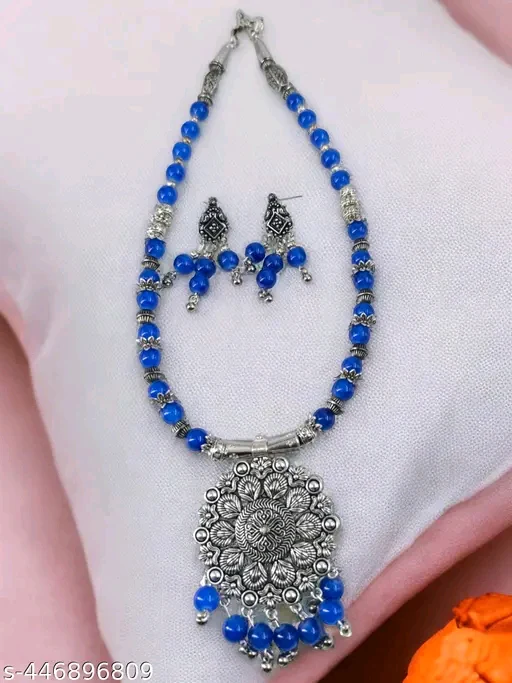 Handmade Blue Beads Oxidised Silver Pendant & Earrings Set – Indian Ethnic Jewelry for Women - Image 4
