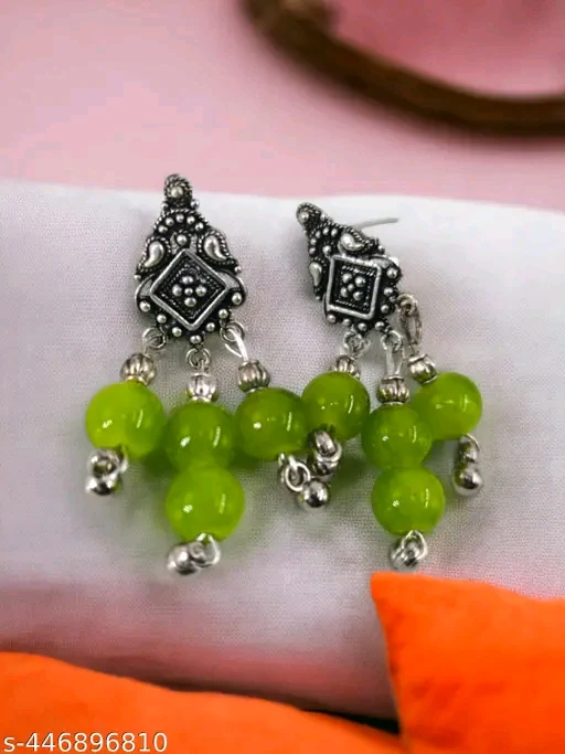 Handmade Green Beads Oxidised Silver Pendant & Earrings Set for Women - Indian Ethnic Necklace Set - Image 2