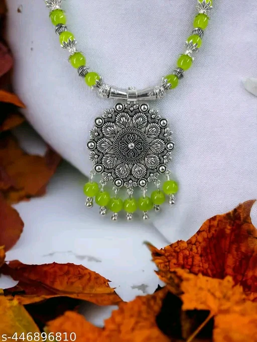 Handmade Green Beads Oxidised Silver Pendant & Earrings Set for Women - Indian Ethnic Necklace Set - Image 3