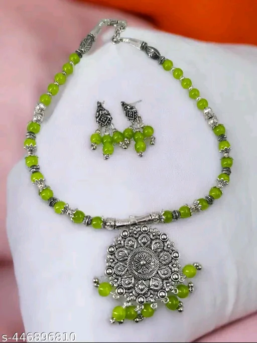 Handmade Green Beads Oxidised Silver Pendant & Earrings Set for Women - Indian Ethnic Necklace Set - Image 4