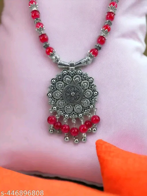 Fashion Jewellery Handmade Red Beads Oxidised Silver Pendant and Earrings Set for Women, Indian Ethnic Necklace Set - Image 3