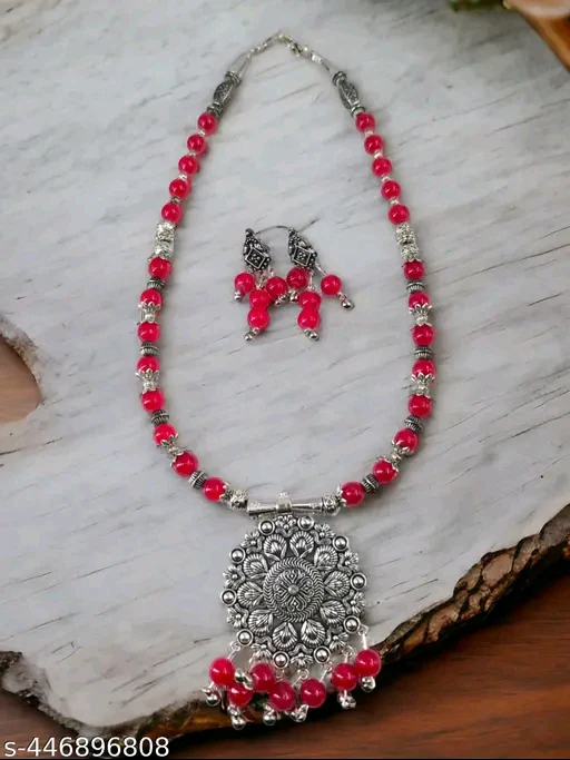 Fashion Jewellery Handmade Red Beads Oxidised Silver Pendant and Earrings Set for Women, Indian Ethnic Necklace Set - Image 4