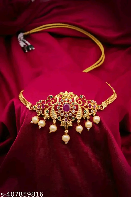 Feminine Chunky Gold-Plated Jewellery Set with American Diamonds - Adjustable