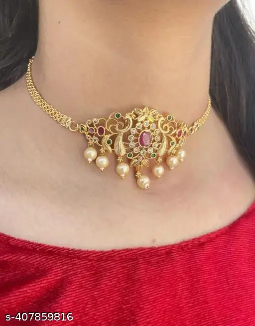 Feminine Chunky Gold-Plated Jewellery Set with American Diamonds - Adjustable - Image 2