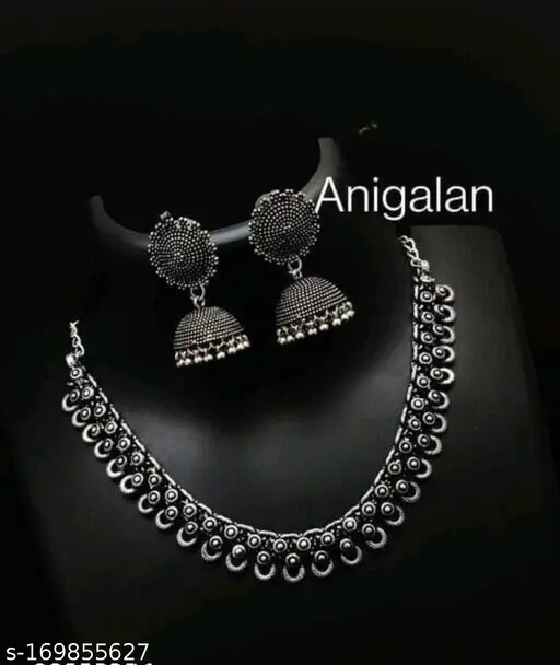 "Feminine Fusion Oxidised Silver Jewelry Set – Trendy Necklace & Earrings" - Image 3