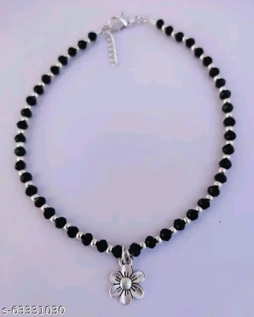 Elegant Floral Anklet for Women & Girls - Black and White Crystals - Image 2