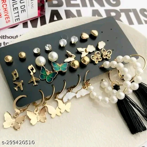 Karishma Kreations Gold Plated Pearl and Stone Studded Alloy Earring Set - 21311 (Set of 17 Pairs) - Image 2