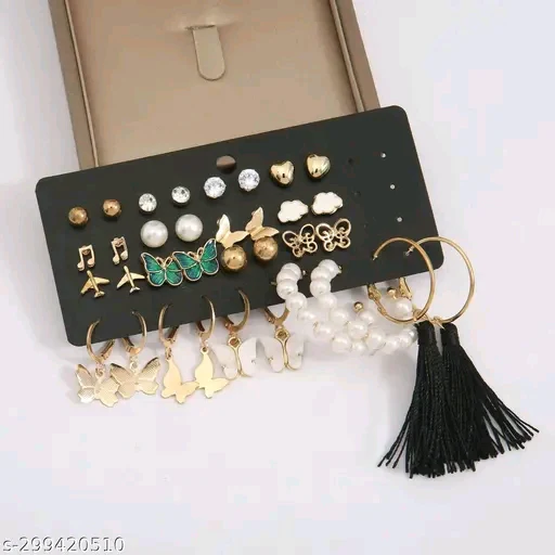 Karishma Kreations Gold Plated Pearl and Stone Studded Alloy Earring Set - 21311 (Set of 17 Pairs) - Image 4