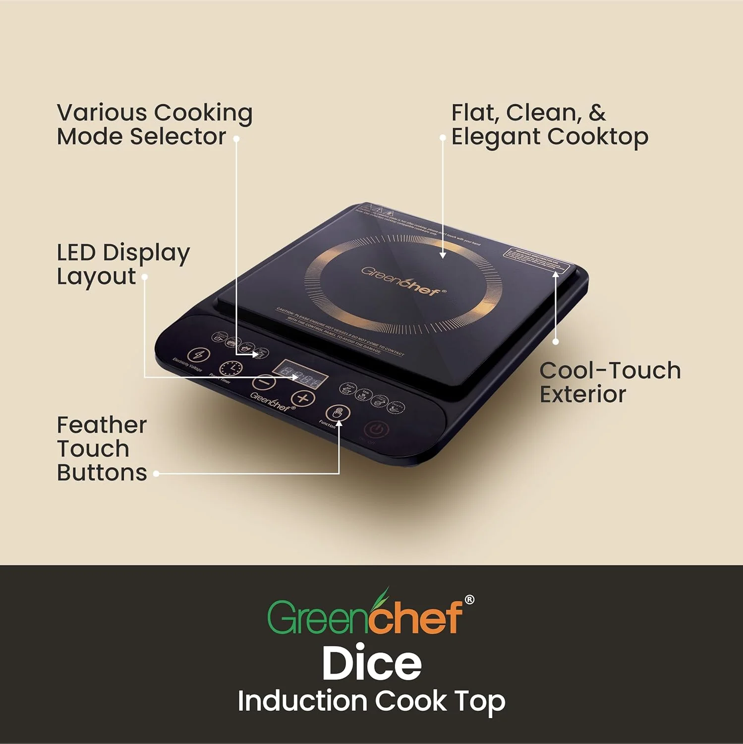 Greenchef DICE 2000W Induction Cooktop with LED Display Touch Panel & Preset Functions # - Image 3