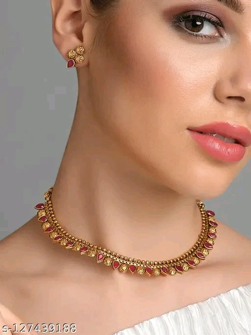 Elegant South Indian Bridal Jewelry Set - Gold Plated Choker Necklace with Earrings, Adjustable Maangalyam Set for Women & Girls - Image 2