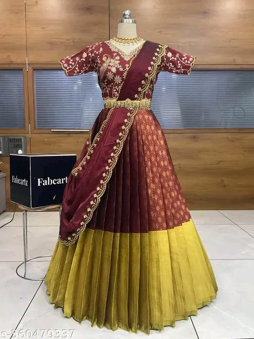 Beautiful Lichi Silk Woven Half Saree with Embroidered Blouse & Rangoli Dupatta #