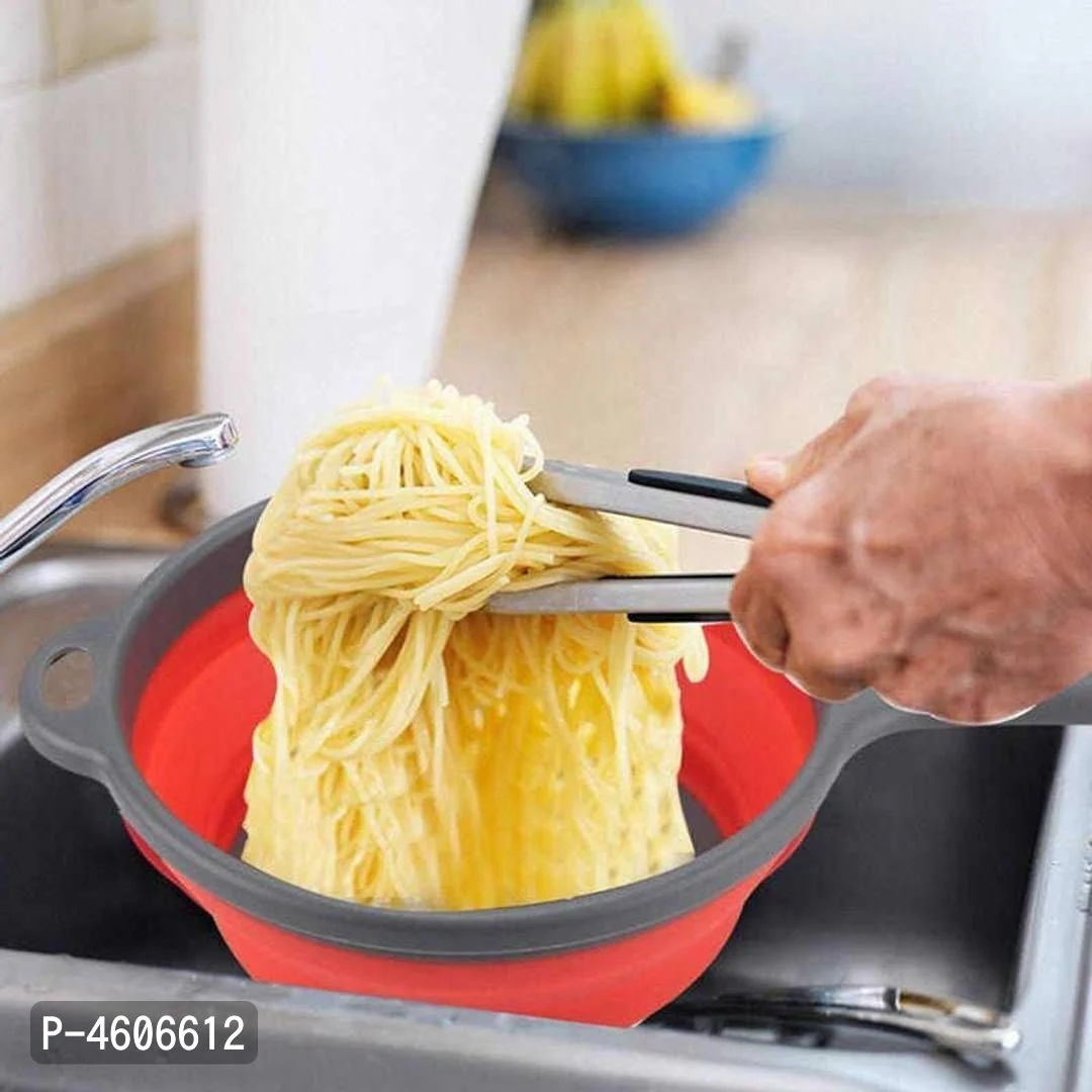 Long Handle Foldable Silicone Colander – Round Drain Basket for Fruits & Vegetables # - Image 4