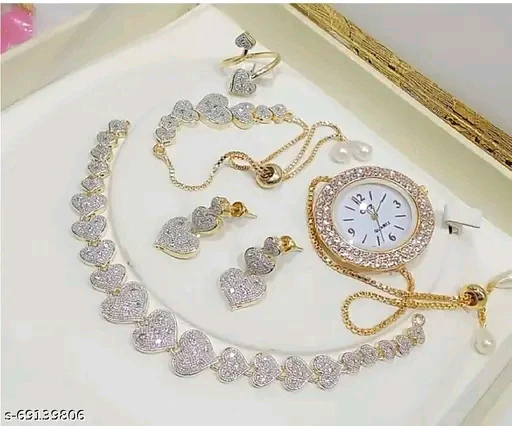 M Creation Gold-Plated Alloy Jewel Set with Necklace, Earrings & Watch | Stunning American Diamond Finish