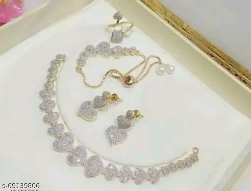 M Creation Gold-Plated Alloy Jewel Set with Necklace, Earrings & Watch | Stunning American Diamond Finish - Image 3
