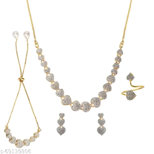 M Creation Gold-Plated Alloy Jewel Set with Necklace, Earrings & Watch | Stunning American Diamond Finish - Image 4
