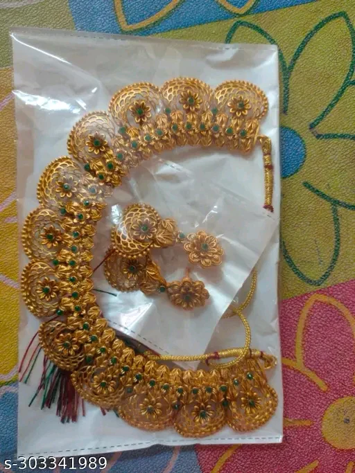 New Designer Matt Finish Gold Plated Jewellery Set with Artificial Stones - Necklace & Earrings - Image 2