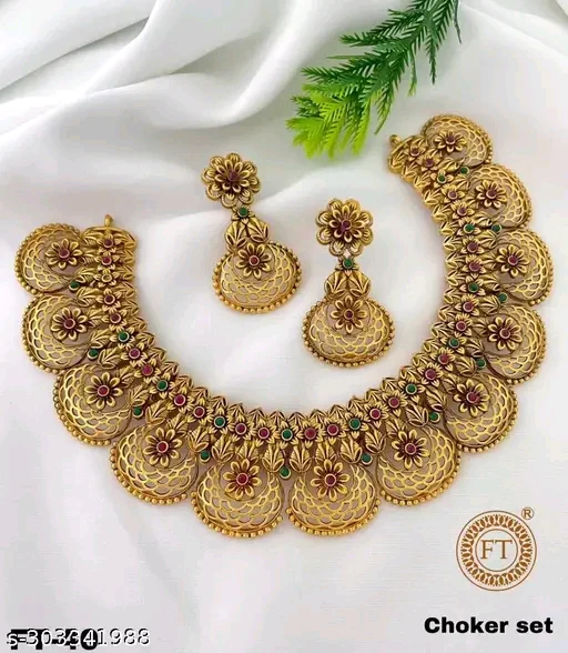 New Designer Matte Finish Gold-Plated Antique Jewellery Set with Adjustable Necklace & Earrings - Image 2